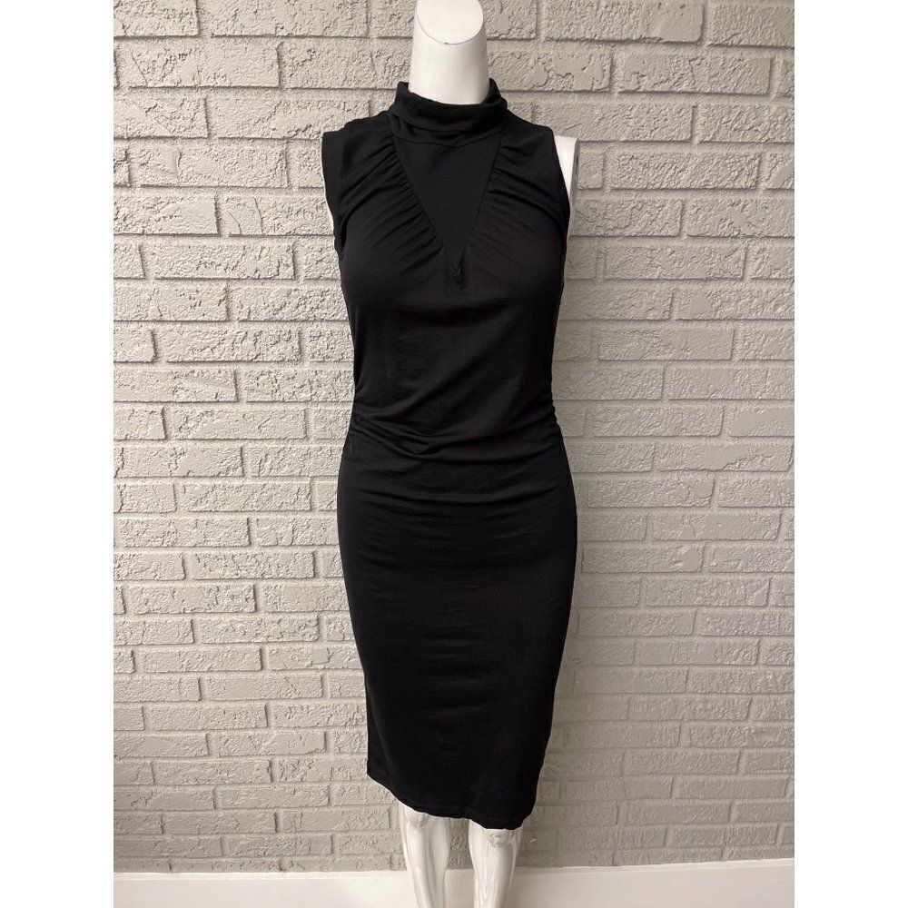 Theory Women Black Funnel Neck Sleeveless Wool Bodycon Dress Size S